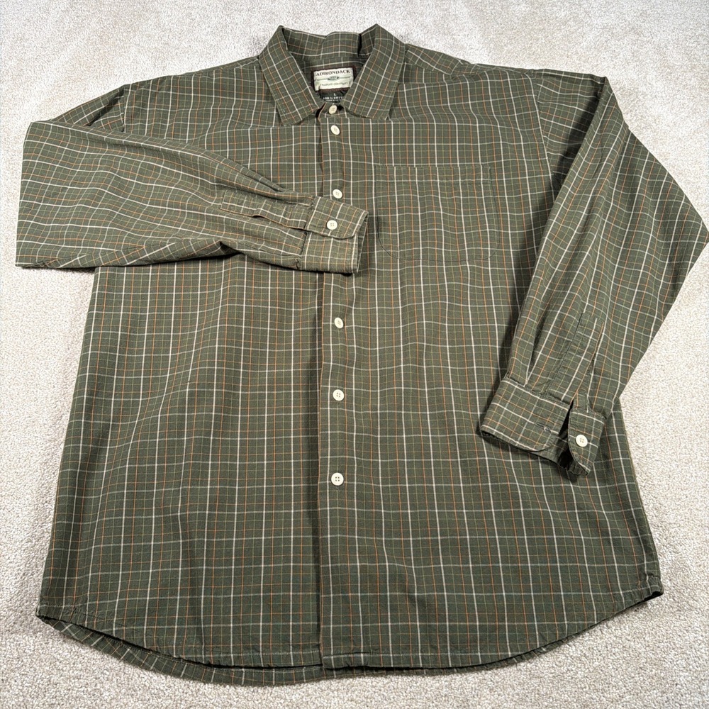 Adirondack Mens Long Sleeve‎ Button Up Shirt Large Green Checkered Cotton